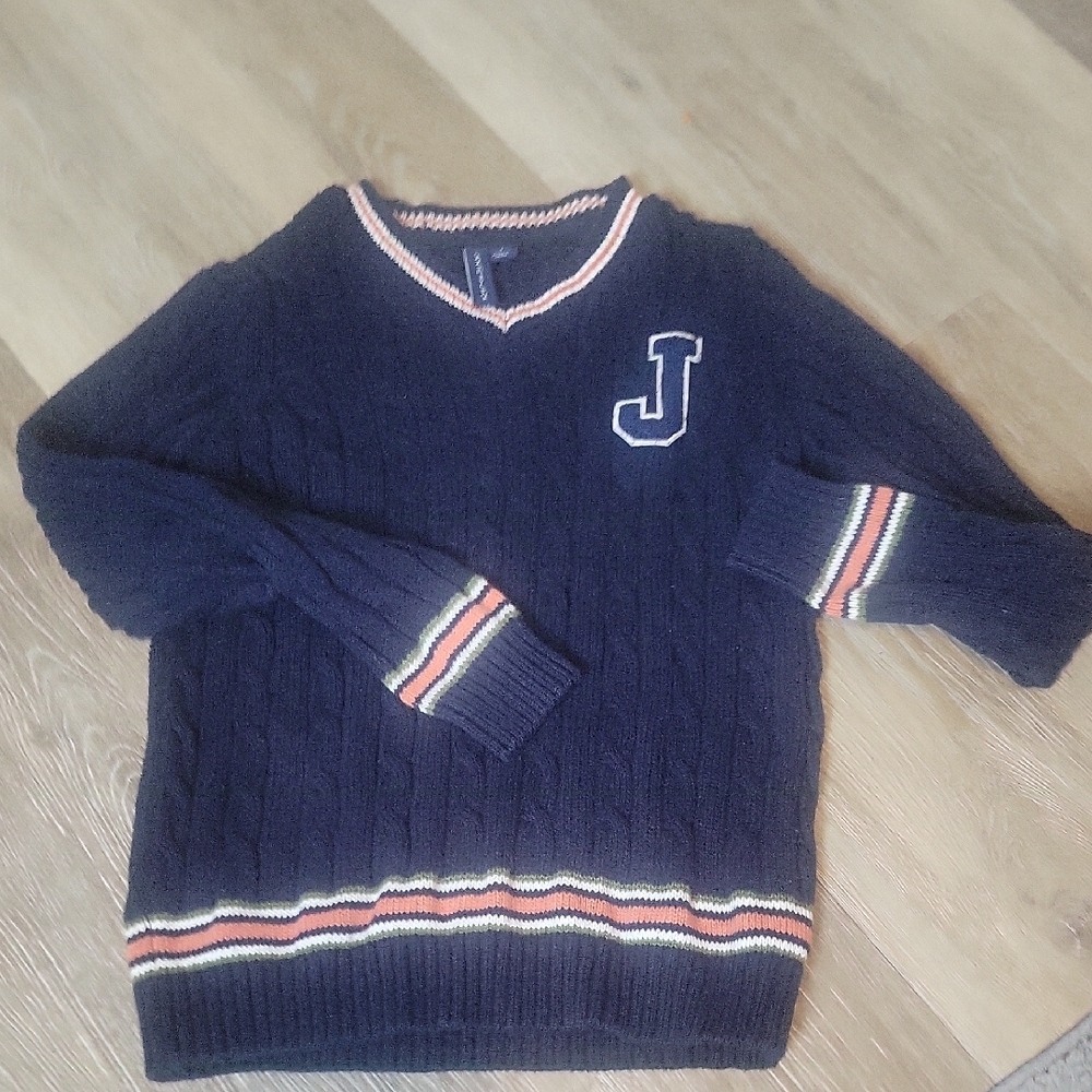 Navy Blue Cable Knit Sweater with Striped Accents